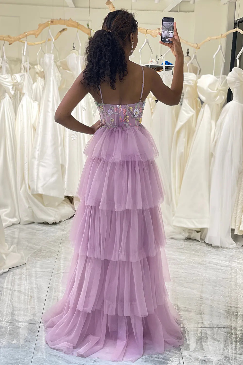 Wholesale Prom Dress A-Line Tiered Tulle With Embroidery