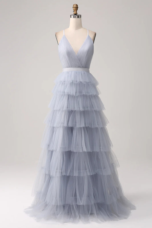 Wholesale Dusty Blue A-Line Spaghetti Straps Tiered Floor Length Tulle Prom Dress