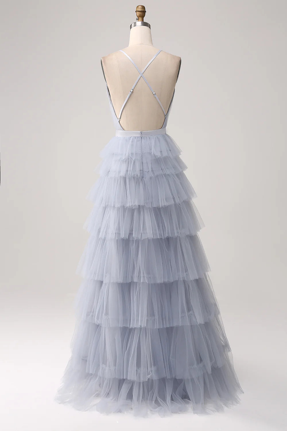 Wholesale Dusty Blue A-Line Spaghetti Straps Tiered Floor Length Tulle Prom Dress