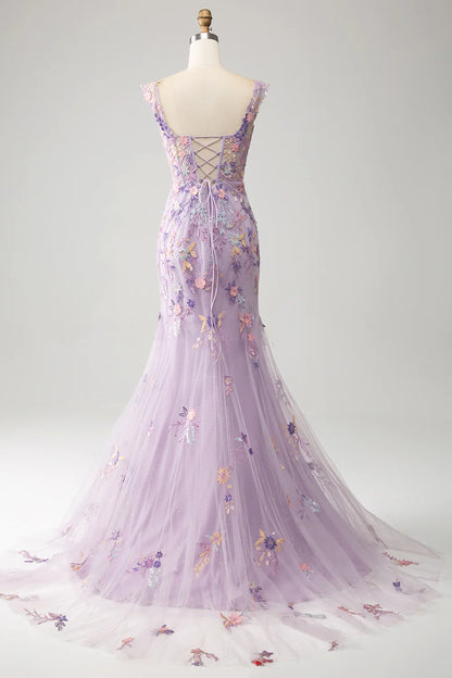 Wholesale Mermaid Evening Dress Square Neck Split Front Prom Dress With Appliques Mauve