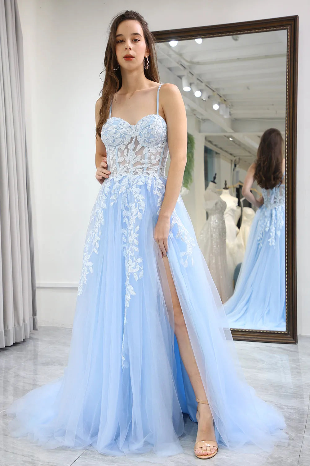 Wholesale A-Line Prom Dress Spaghetti Straps Zipper Back Tulle with Appliques