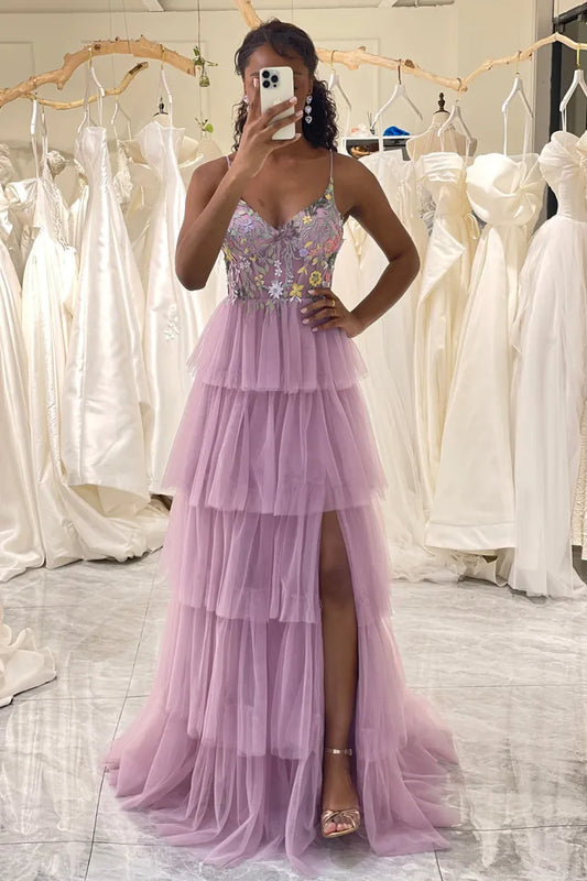 Wholesale Prom Dress A-Line Tiered Tulle With Embroidery