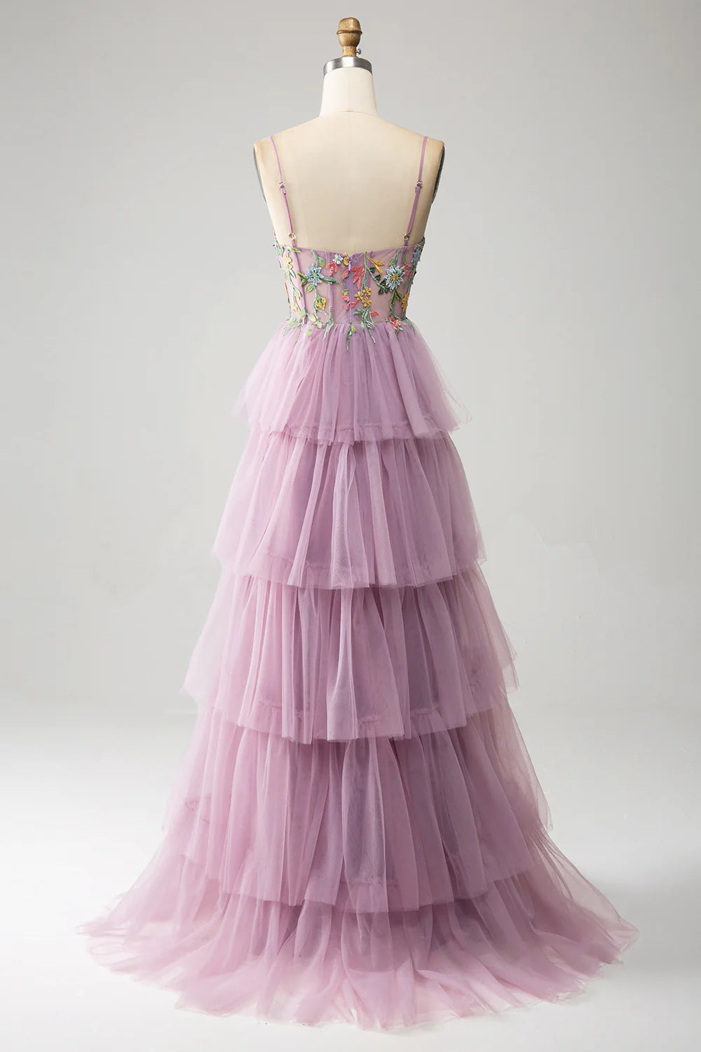 Wholesale Prom Dress A-Line Tulle Corset Spaghetti Straps Tiered With Appliques Mauve