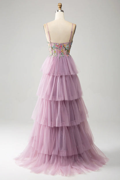 Wholesale Prom Dress A-Line Tulle Corset Spaghetti Straps Tiered With Appliques Mauve