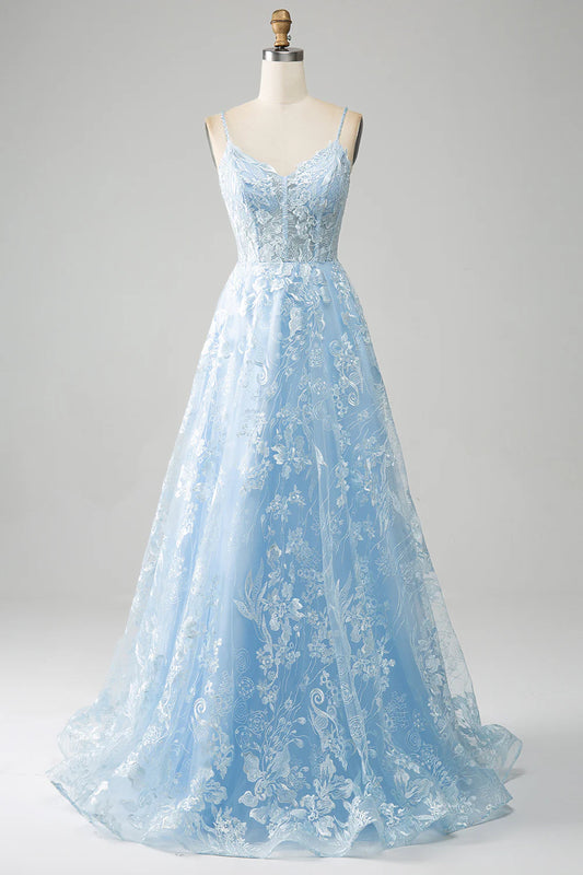 Wholesale A Line Evening Dress Spaghetti Straps Corset Tulle Sky Blue Prom Dress With Appliques