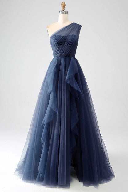 Wholesale Navy A-Line One-Shoulder Long Prom Dress Tulle With Slit