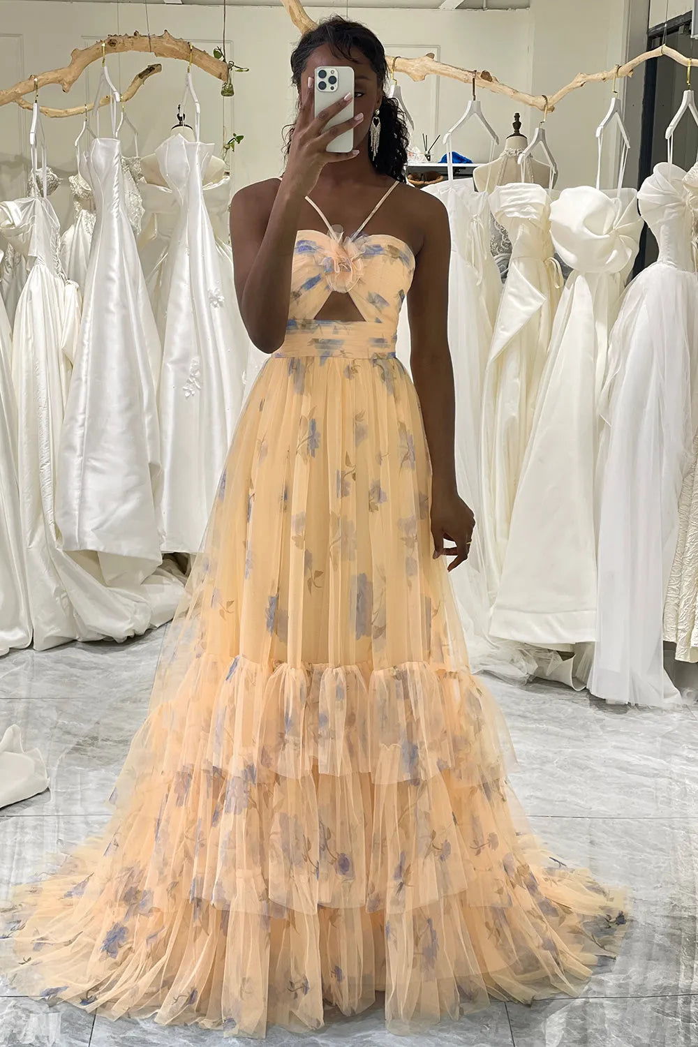 Wholesale Prom Dress A Line Spaghetti Straps Long Print Tulle