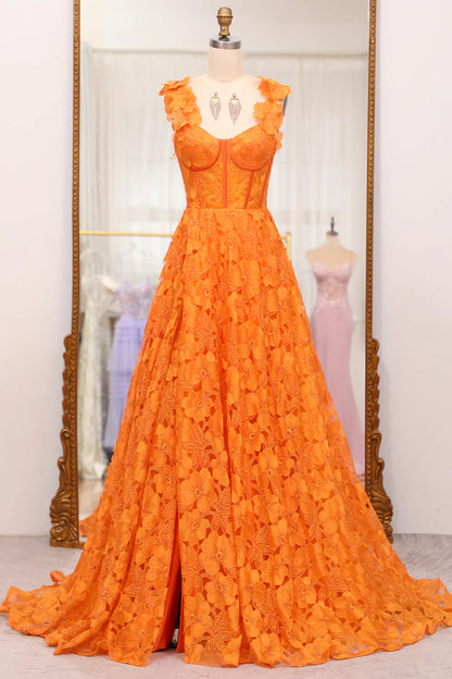 Wholesale A-Line Evening Dress Spaghetti Straps Applique Corset Long Prom Dress With Slit Orange