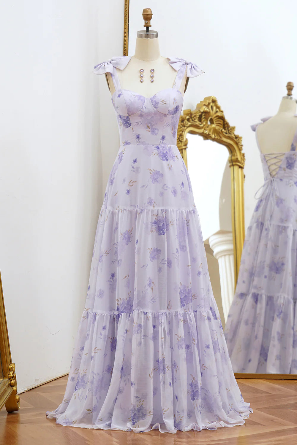 Wholesale Lilac A-Line Prom Dress Spaghetti Straps Floral Print Lace Up Floor Length