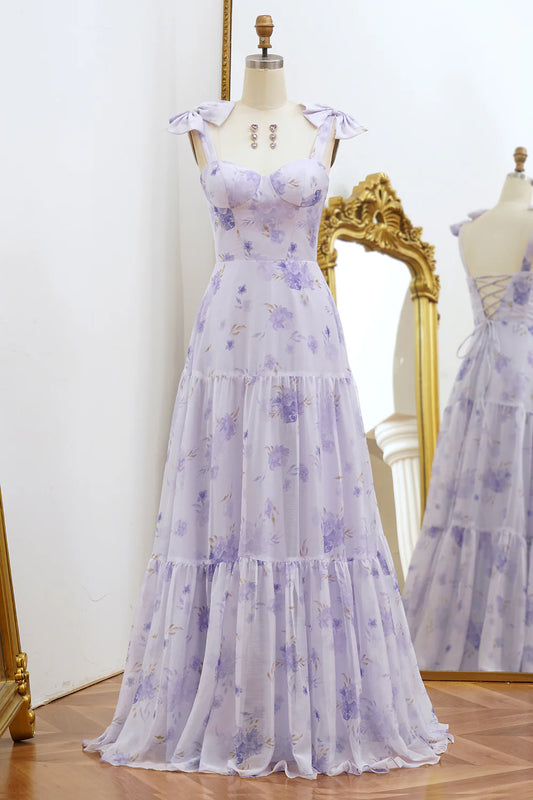 Wholesale Lilac A-Line Prom Dress Spaghetti Straps Floral Print Lace Up Floor Length