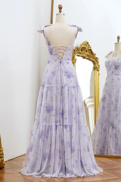 Wholesale Lilac A-Line Prom Dress Spaghetti Straps Floral Print Lace Up Floor Length