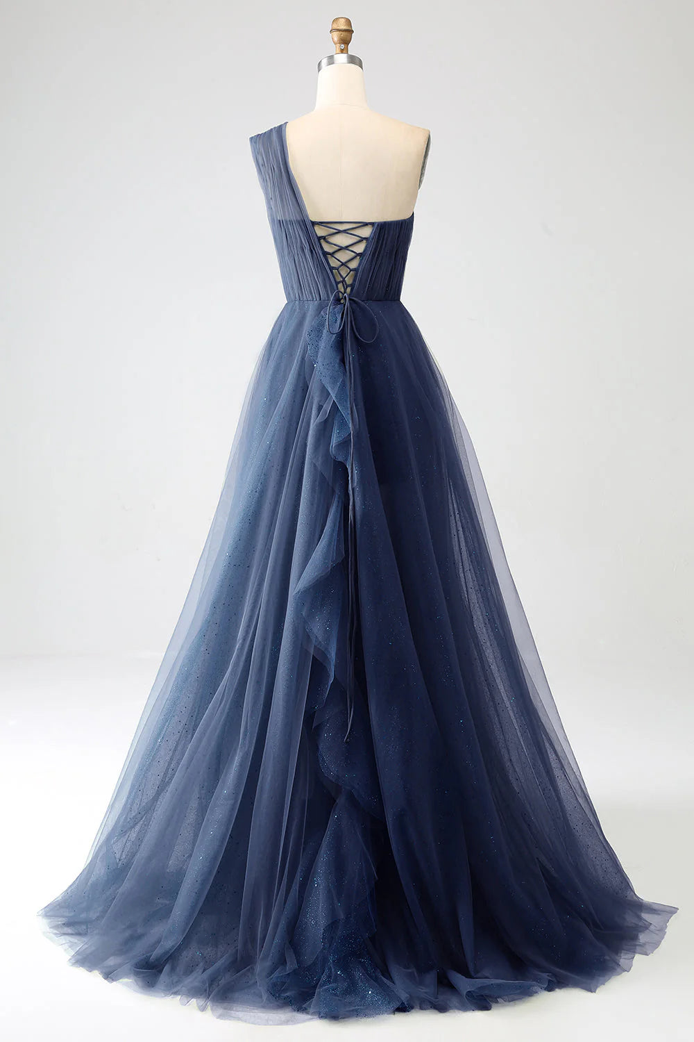 Wholesale Navy A-Line One-Shoulder Long Prom Dress Tulle With Slit