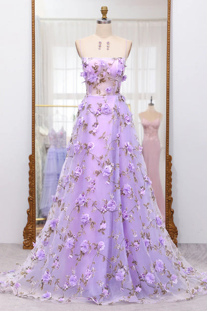 Wholesale A Line Evening Dress Lilac Spaghetti Straps Lace-up Prom Dress With 3D Appliques