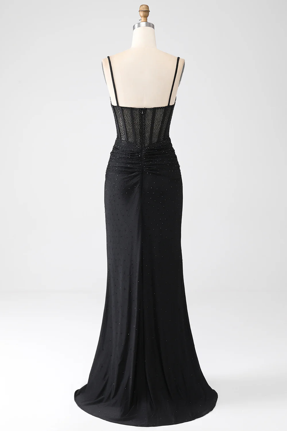 Wholesale Mermaid Evening Dress Spaghetti Straps Pleated Long Black Prom Dress with Beading