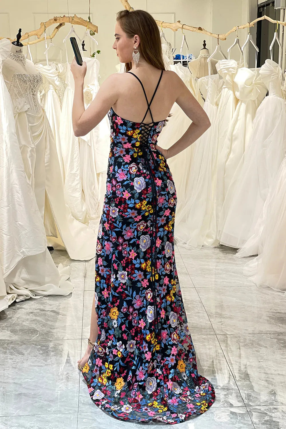 Wholesale Prom Dress Flower Mermaid Spaghetti Straps With Slit