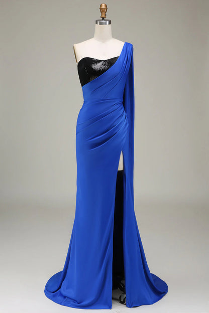 Wholesale Royal Blue One Shoulder Mermaid Evening Dress Sequin Pleated Prom Dress with Slit