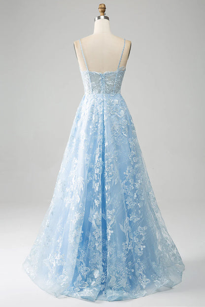 Wholesale A Line Evening Dress Spaghetti Straps Corset Tulle Sky Blue Prom Dress With Appliques