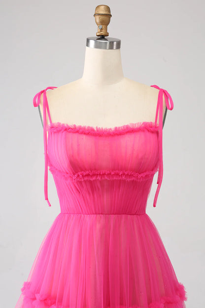 Wholesale A-Line Evening Dress Spaghetti Straps Hot Pink Tulle Long Prom Dress Princess