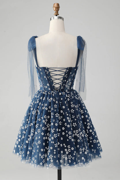 Wholesale Cute A Line Spaghetti Straps Print Corset Navy Short Homecoming Dress