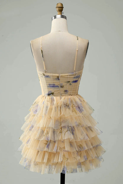 Wholesale Homecoming Dress A-Line Halter Tiered Print Short Yellow Flower