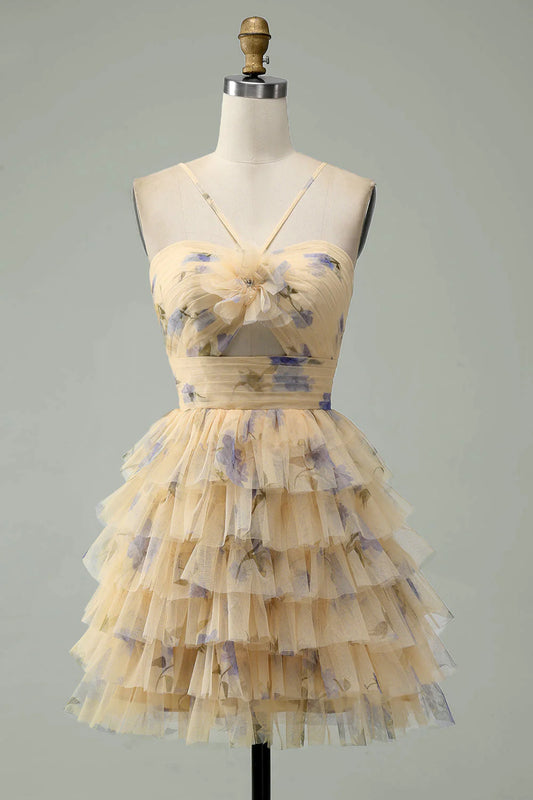 Wholesale Homecoming Dress A-Line Halter Tiered Print Short Yellow Flower