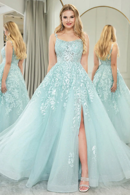 Wholesale A-Line Tulle Spaghetti Straps Prom Dress With Slit And Appliques