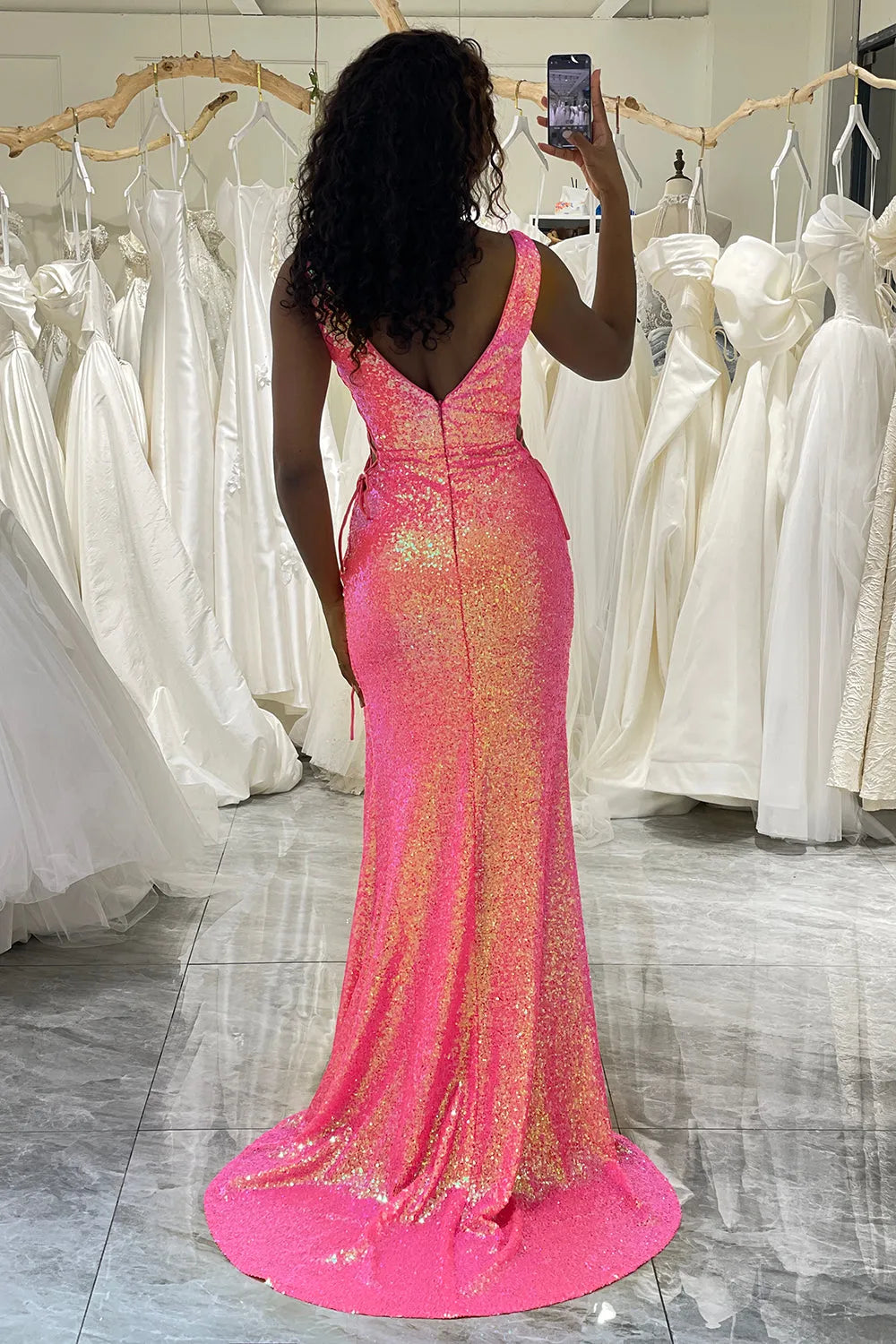 Wholesale Sparkly Mermaid V Neck Zipper Back Prom Dress With Slit