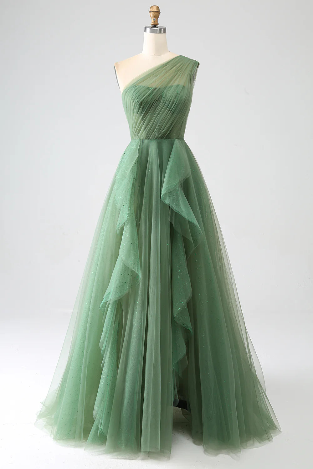 Wholesale Long Prom Dress A-Line One-Shoulder Tulle Dark Green