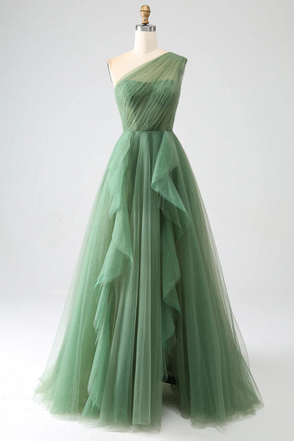 Wholesale Long Prom Dress A-Line One-Shoulder Tulle Dark Green