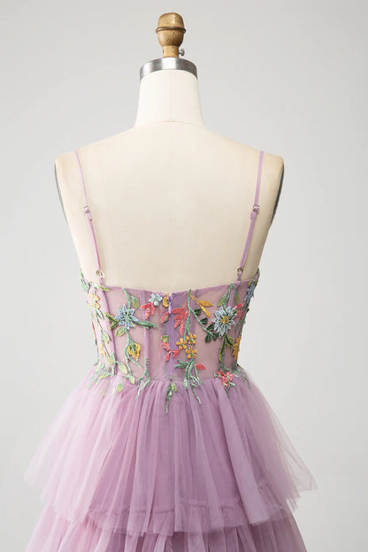 Wholesale Prom Dress A-Line Tulle Corset Spaghetti Straps Tiered With Appliques Mauve