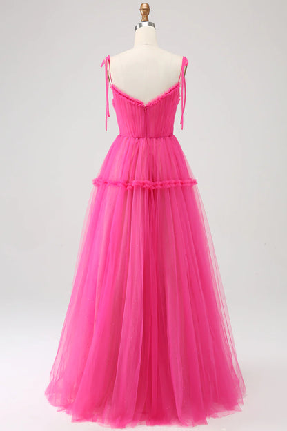 Wholesale A-Line Evening Dress Spaghetti Straps Hot Pink Tulle Long Prom Dress Princess