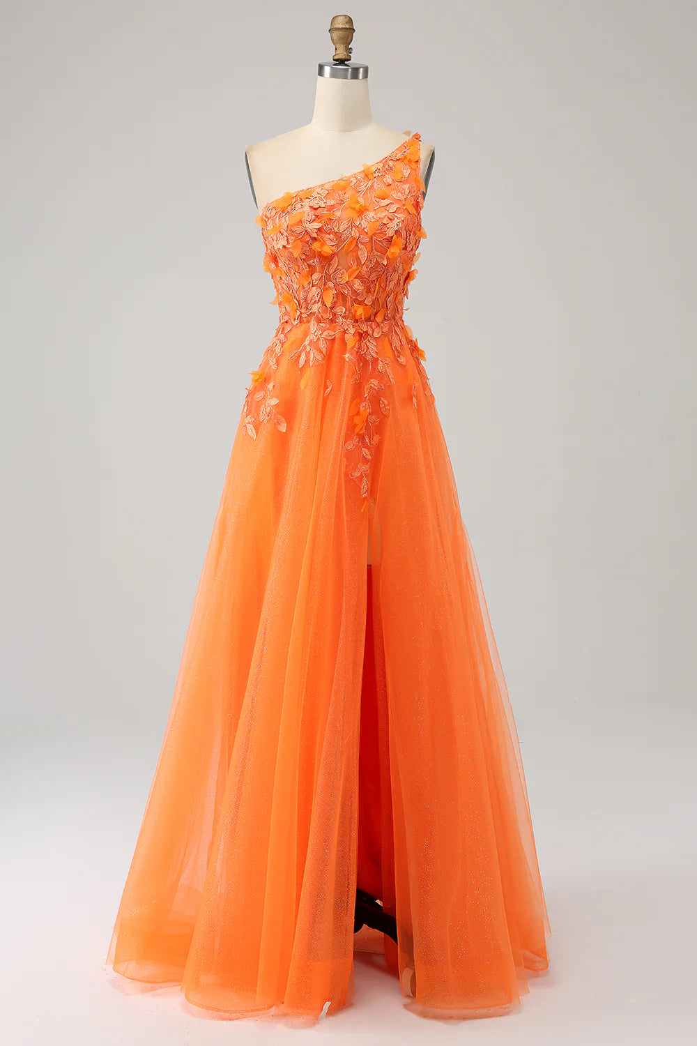 Wholesale A-Line Prom Dress One Shoulder Long Tulle Applique Evening Dress With Slit Orange