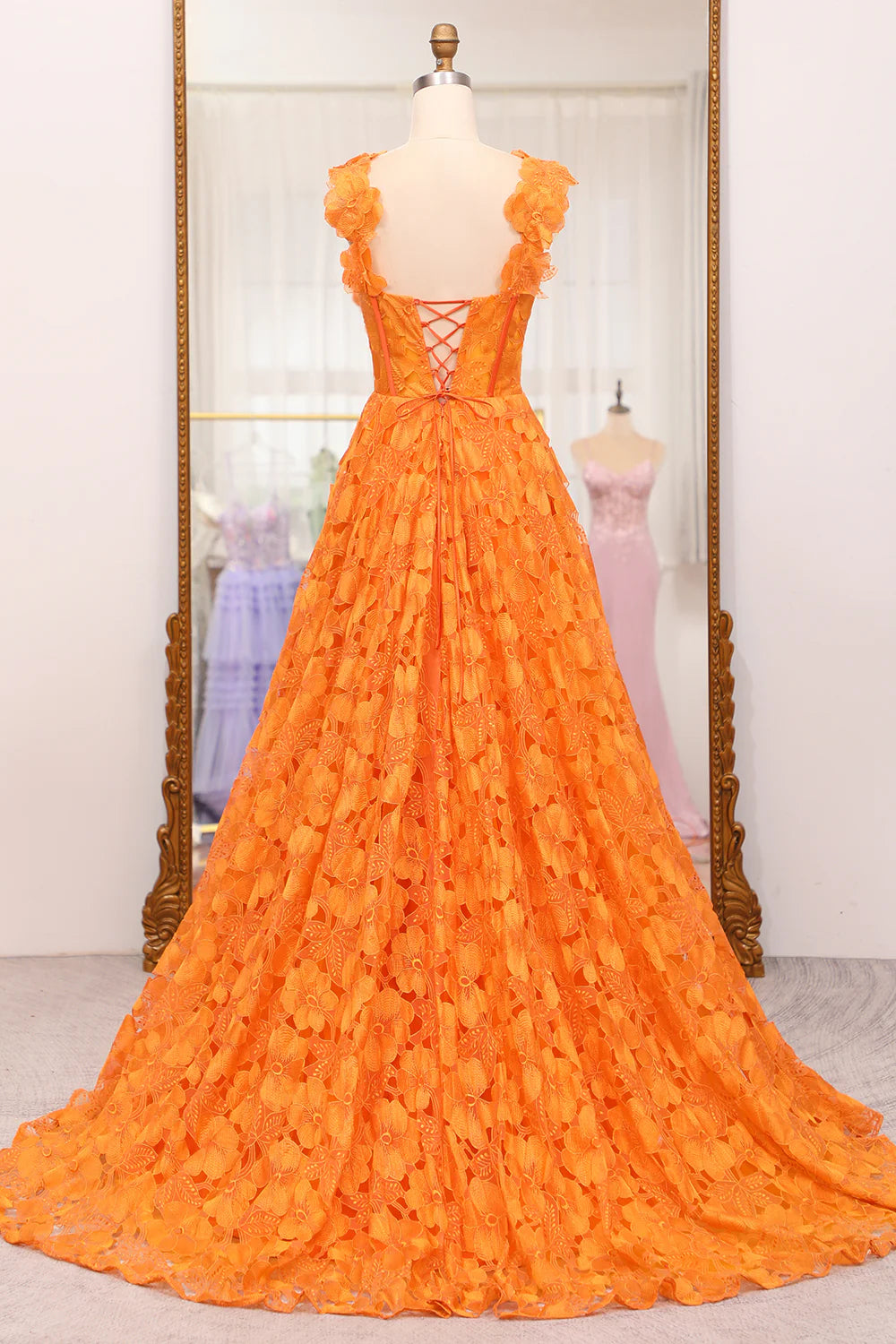 Wholesale A-Line Evening Dress Spaghetti Straps Applique Corset Long Prom Dress With Slit Orange