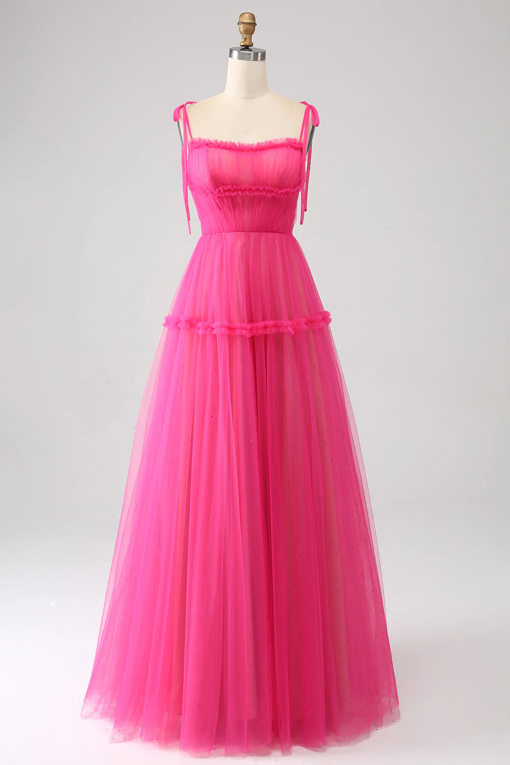 Wholesale A-Line Evening Dress Spaghetti Straps Hot Pink Tulle Long Prom Dress Princess