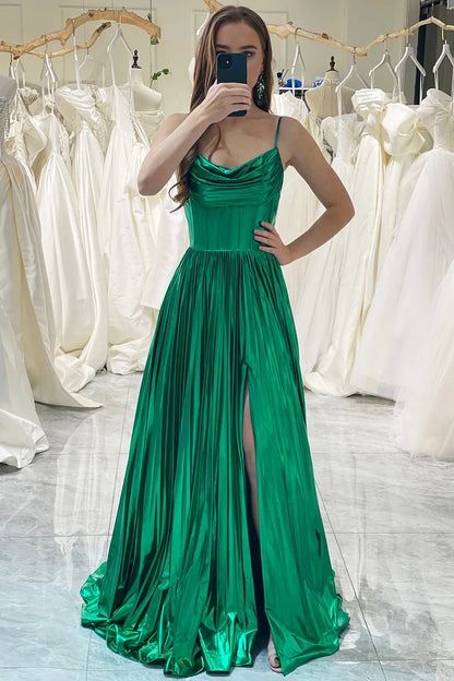 Wholesale A Line Spaghetti Straps Long Metallic Prom Dress With Slit