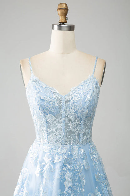 Wholesale A Line Evening Dress Spaghetti Straps Corset Tulle Sky Blue Prom Dress With Appliques