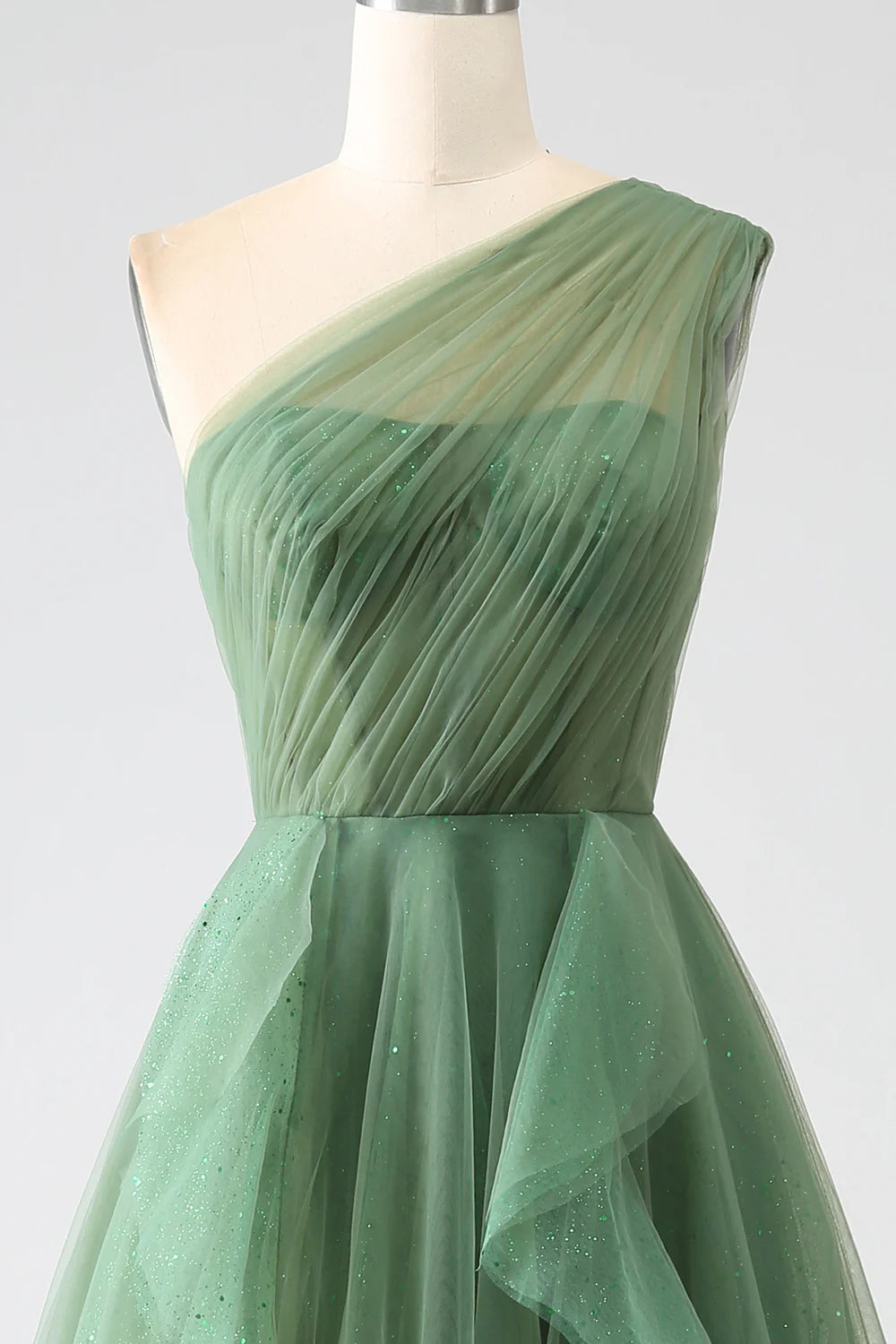 Wholesale Long Prom Dress A-Line One-Shoulder Tulle Dark Green