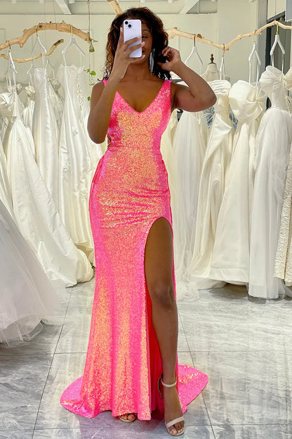 Wholesale Sparkly Mermaid V Neck Zipper Back Prom Dress With Slit