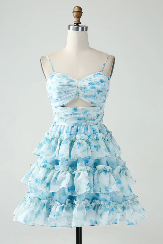 Wholesale Short Homecoming Dress Blue Flower A-Line Tiered Pleated