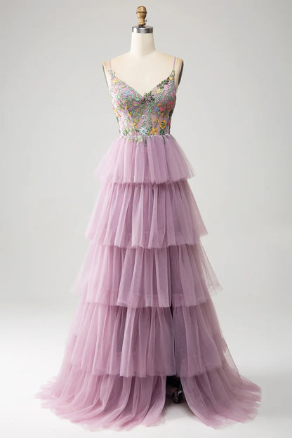 Wholesale Prom Dress A-Line Tulle Corset Spaghetti Straps Tiered With Appliques Mauve