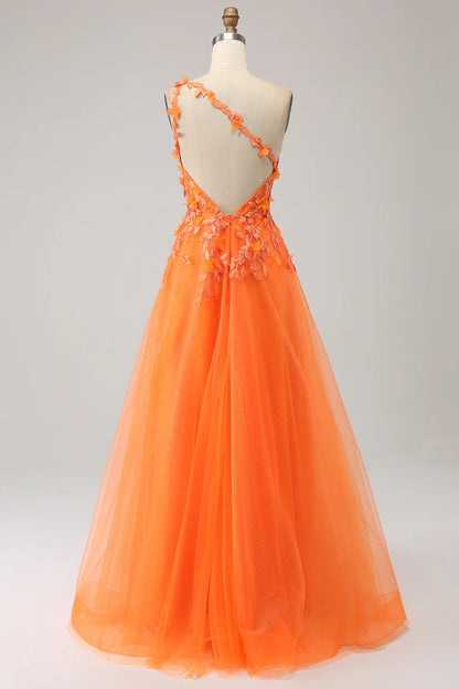 Wholesale A-Line Prom Dress One Shoulder Long Tulle Applique Evening Dress With Slit Orange