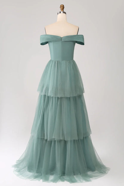 Wholesale Grey Green A Line Off the Shoulder Tiered Tulle A Line Prom Dress