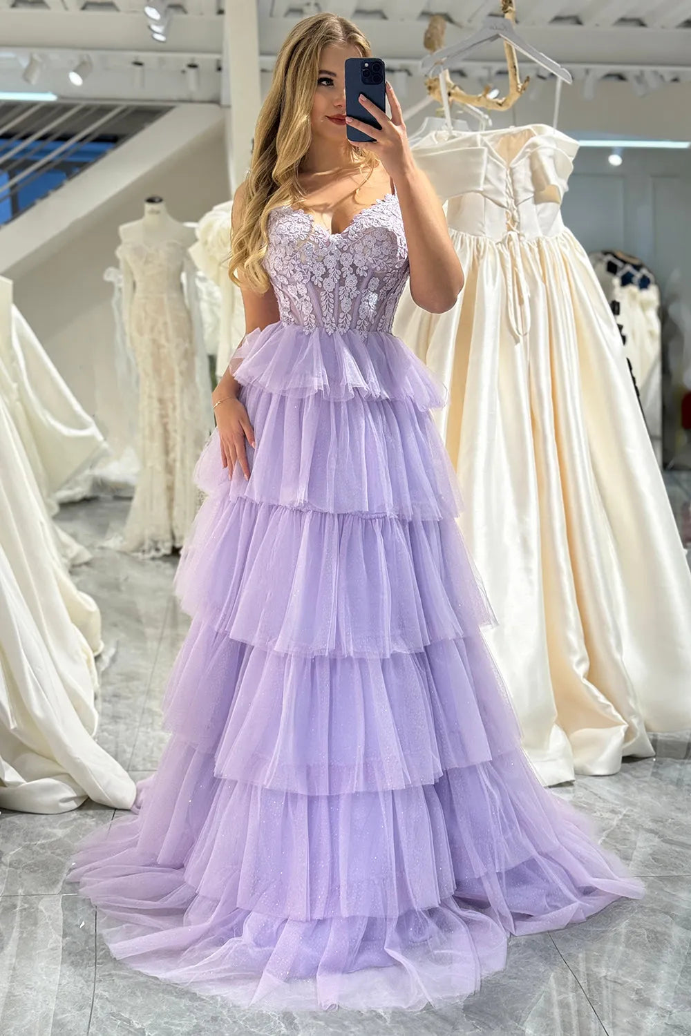 Wholesale Prom Dress Elegant A-Line Double Straps Tiered Tulle