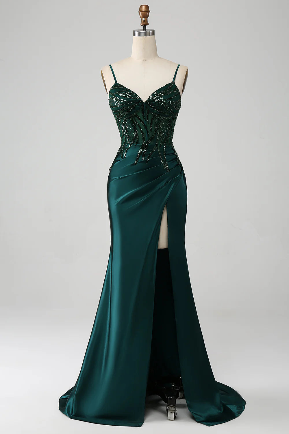 Wholesale Sparkly Dark Green Mermaid Sequin Pleated Corset Prom Dress With Slit