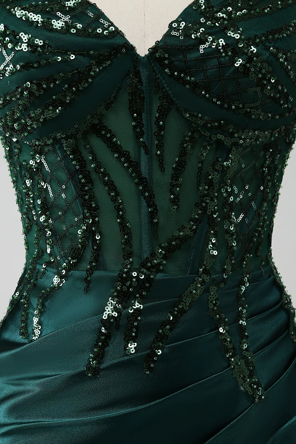 Wholesale Sparkly Dark Green Mermaid Sequin Pleated Corset Prom Dress With Slit