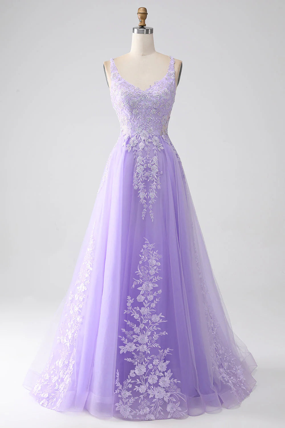 Wholesale A-Line Evening Dress Spaghetti Straps Tulle Long Prom Dress with Appliques Lilac