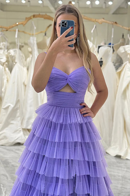 Wholesale Prom Dress Tulle A-Line Spaghetti Straps Tiered  With Slit