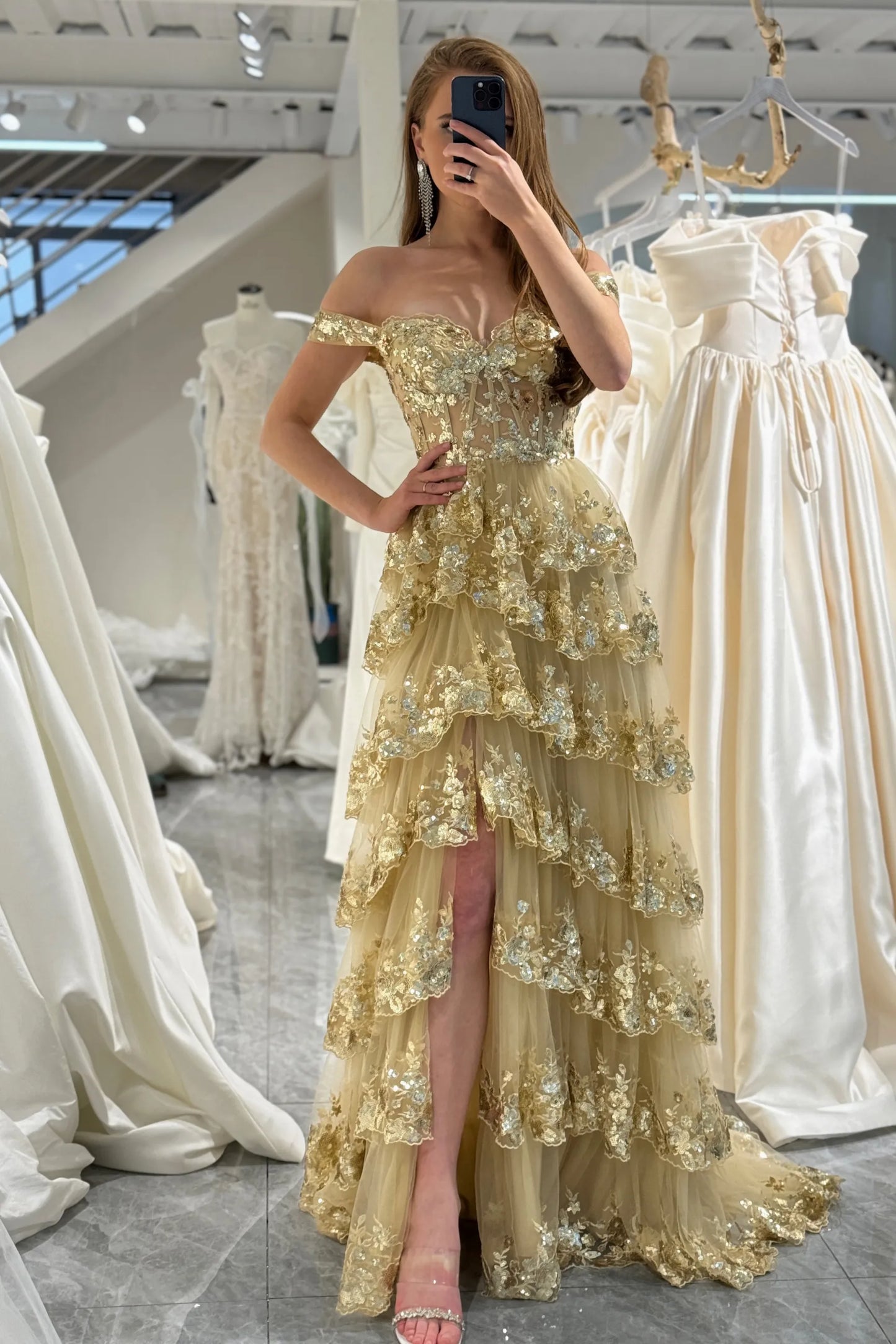 Wholesale Gorgeous Prom Dress A-Line Off The Shoulder Tiered With Split