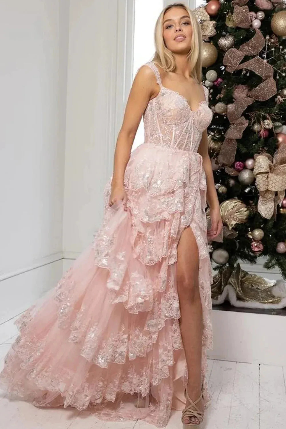 Wholesale Prom Dress A-Line Off The Shoulder Stunning Glitter Tiered With Split