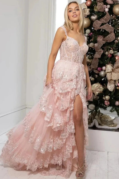 Wholesale Prom Dress A-Line Off The Shoulder Stunning Glitter Tiered With Split